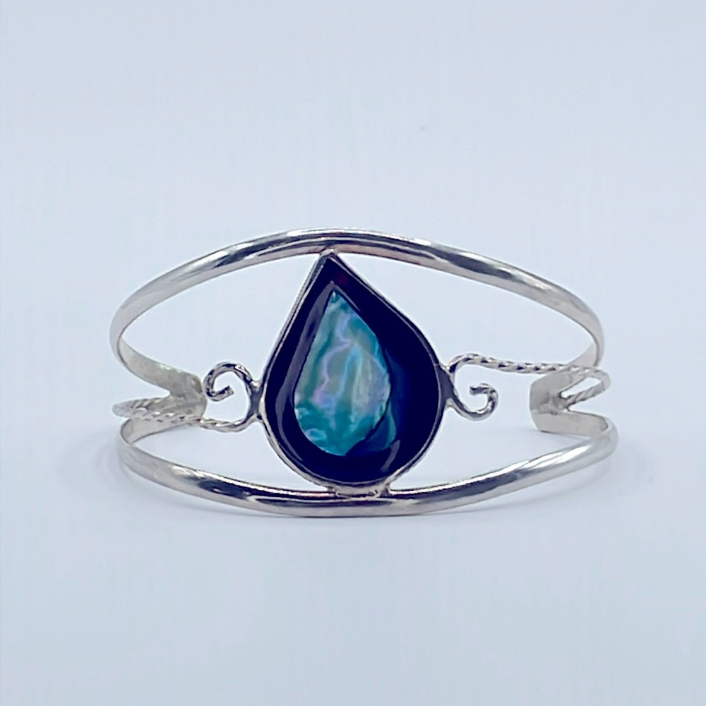 Sterling Silver, Red Coral, and Abalone Tear Drop Cuff